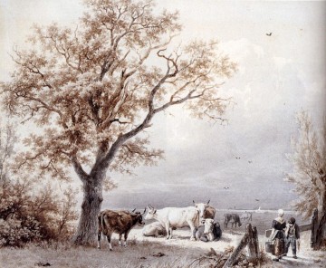 バレンド・コルネリス・コエクク Painting - 太陽に照らされた草原の牛 オランダの風景 Barend Cornelis Koekkoek